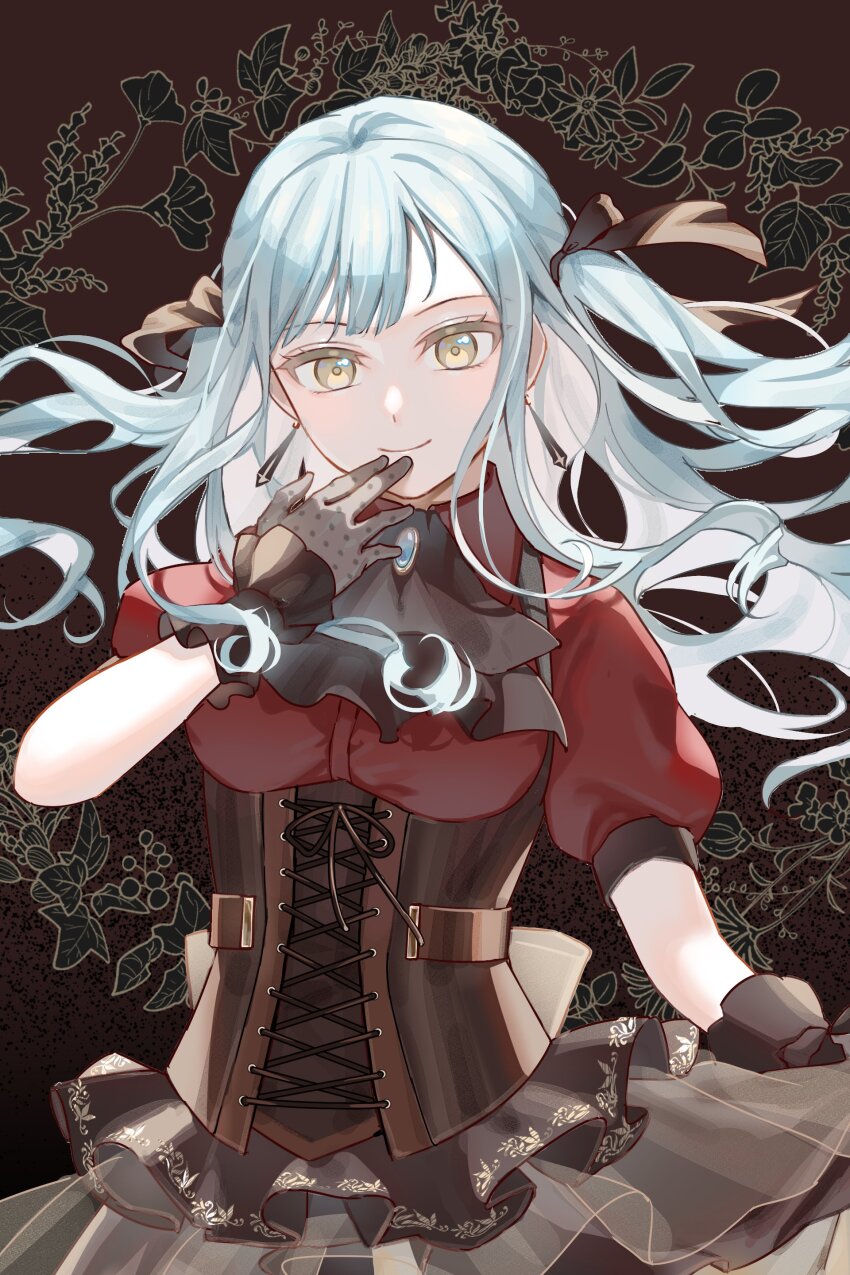 1girl \||/ absurdres ascot bang_dream! bang_dream!_it&#039;s_mygo!!!!! black_ascot black_background black_corset black_ribbon black_wrist_cuffs blue_brooch blue_hair brown_background closed_mouth commentary corset cross-laced_clothes cross-laced_corset earrings floating_hair floral_background fondy_(fondy1999) frilled_corset frilled_wrist_cuffs frills gloves gradient_background grey_gloves hand_on_own_chin hand_up highres jewelry long_hair looking_at_viewer oblivionis_(bang_dream!) puffy_short_sleeves puffy_sleeves red_shirt ribbon ribbon_hair see-through_clothes see-through_skirt shirt short_sleeves skirt smile solo straight-on togawa_sakiko upper_body wrist_cuffs yellow_eyes