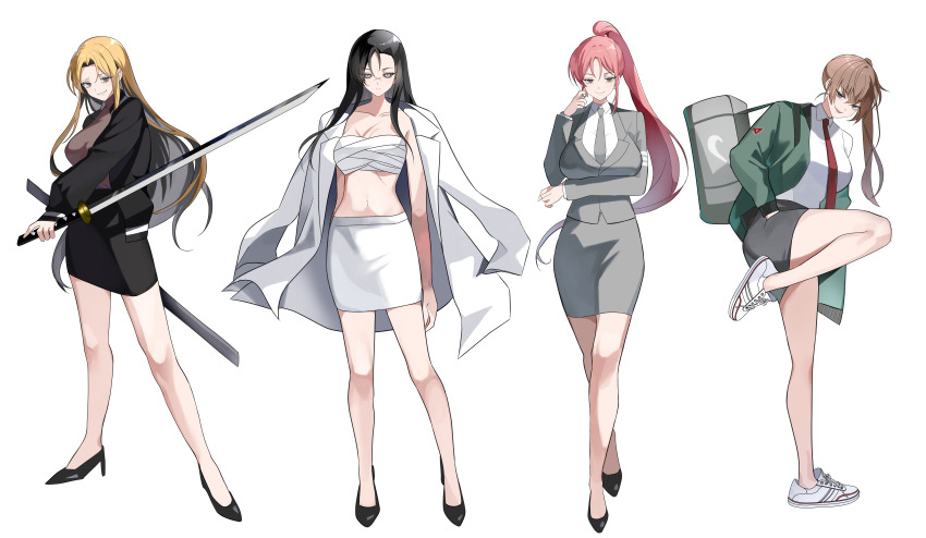 absurdres arms_at_sides black_hair black_sclera black_shoes black_skirt blonde_hair breast_lift breasts brown_shirt character_request chest_sarashi cleavage colored_sclera genderswap genderswap_(mtf) green_jacket grey_necktie grey_skirt hand_up high_heels high_ponytail highres holding holding_sword holding_weapon incredibly_absurdres jacket jacket_on_shoulder kasuga_kaya long_hair lookism necktie office_lady pencil_skirt ponytail red_necktie sarashi scar scar_on_chest scar_on_face scar_on_nose sheath shirt shoes shorts skirt sneakers ssaumdokak standing standing_on_one_leg sword weapon white_jacket white_skirt