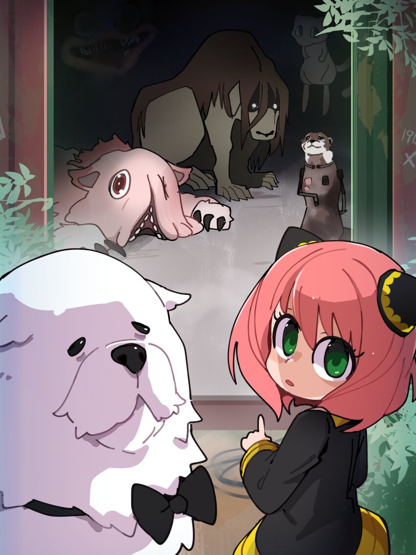 1girl absurdres anya_(spy_x_family) black_dress bond_(spy_x_family) bongfill dark_room dog dress fullmetal_alchemist gen_1_pokemon green_eyes guardians_of_the_galaxy guardians_of_the_galaxy_vol._3 highres huggy_wuggy legendary_pokemon looking_at_viewer lylla_(marvel) made_in_abyss marvel marvel_cinematic_universe mew_(pokemon) mitty_(made_in_abyss) mythical_pokemon nintendo pink_hair pointing pokemon poppy_playtime shou_tucker&#039;s_chimera spy_x_family