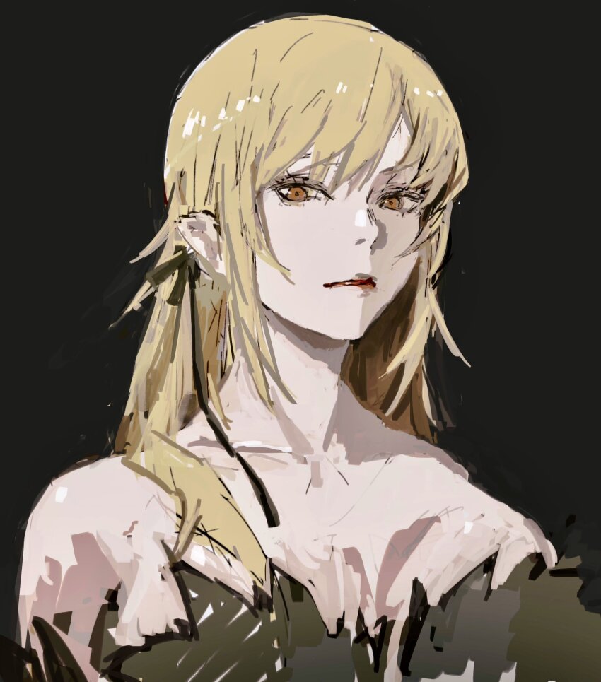 1girl bare_shoulders black_ribbon blonde_hair breasts cleavage collarbone dress elbow_gloves feather-trimmed_dress feather-trimmed_gloves feather_trim gloves grey_background hair_ribbon highres kiss-shot_acerola-orion_heart-under-blade kizumonogatari large_breasts long_hair looking_at_viewer monogatari_(series) oshino_shinobu pointy_ears ribbon simple_background solo strapless strapless_dress taki_(a313131333) vampire very_long_hair yellow_eyes