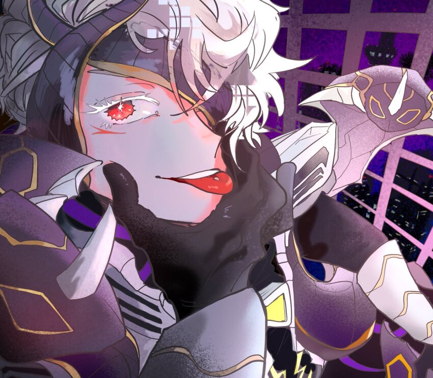 1boy 2024 adk-em armor bandai bandai_namco building cobra_(animal) colored_eyelashes gloves hair_ornament hand_on_own_face holding_detached_head ishimori_prod kaede_1402 kamen_rider kamen_rider_kouki kamen_rider_ouja kamen_rider_ryuki_(series) kouki_(ride_kamens) liber_entertainment licking_lips night night_sky piercing ride_kamens sky snake snake_hair_ornament toei_company tongue tongue_out tongue_piercing tv_asahi twitter white_hair wisdom_thinks