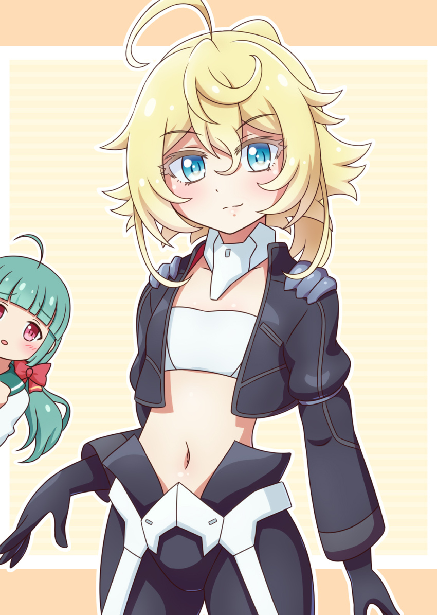 2girls ahoge battle_girl_high_school black_gloves black_jacket blonde_hair blue_eyes blunt_bangs closed_mouth crop_top crossover flat_chest gloves green_hair highres jacket long_hair long_sleeves looking_at_viewer midriff multiple_girls navel sadone sailor_collar shirt short_hair tanya_degurechaff voice_actor_connection white_shirt yosuzu youjo_senki