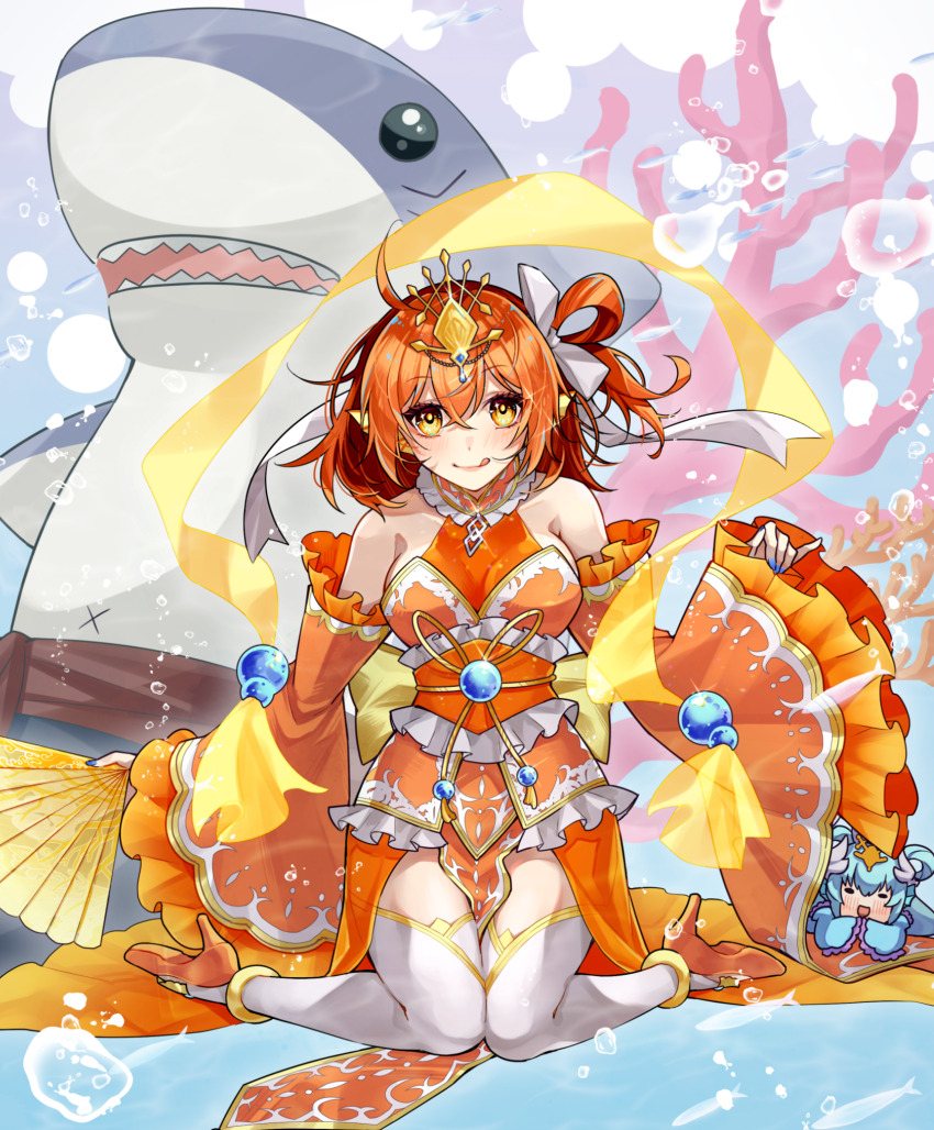 2girls ahoge blue_nails boots breasts cosplay detached_sleeves fate/grand_order fate_(series) folding_fan fujimaru_ritsuka_(female) hagoromo hair_between_eyes hair_rings hand_fan headpiece high_heels highres holding holding_fan ichino_tomizuki japanese_clothes kimono kiyohime_(fate) looking_at_viewer medium_breasts multiple_girls one_side_up orange_boots orange_eyes orange_hair orange_kimono otohime_kiyohime_(fate) otohime_kiyohime_(fate)_(cosplay) shawl short_hair smile stuffed_animal stuffed_shark stuffed_toy thighhighs white_thighhighs wide_sleeves
