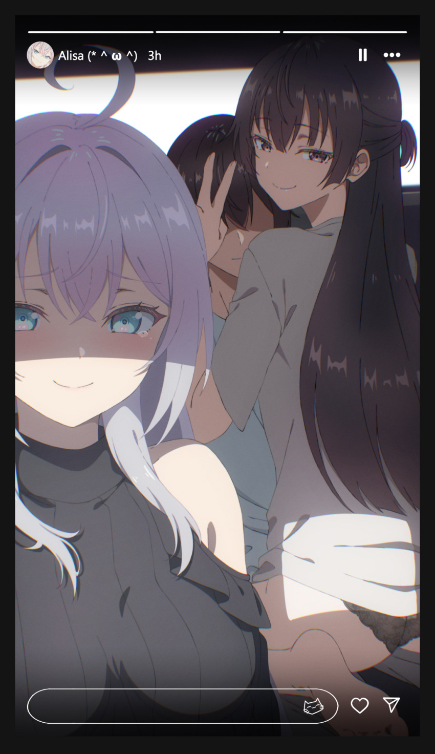1boy 2girls ahoge alisa_mikhailovna_kujou barefoot black_panties black_sweater blue_eyes brown_eyes brown_hair fake_screenshot feet furrowed_brow hand_up highres incest keihh kneeling kuze_masachika lace lace_panties long_hair looking_at_viewer looking_back multiple_girls naughty_face paid_reward_available panties ribbed_sweater selfie shirt short_sleeves sitting sitting_on_person sleeveless sleeveless_sweater smile soles straddling suou_yuki sweater toes tokidoki_bosotto_roshia-go_de_dereru_tonari_no_alya-san turtleneck turtleneck_sweater underwear upper_body v white_hair white_shirt