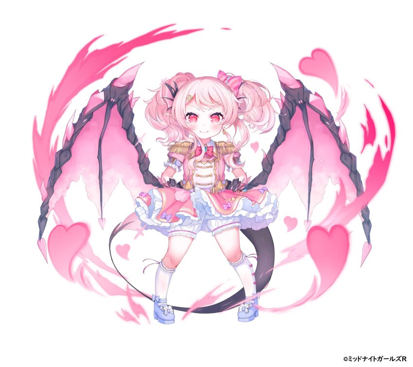 1girl belt black_tail black_wings bloomers bow bowtie character_request closed_mouth collared_dress commentary_request copyright_notice dress earrings epaulettes fangs fangs_out footwear_bow full_body hair_bow hair_ornament hairclip hands_on_own_hips head_wings heart heart_in_eye highres jewelry legs_apart looking_at_viewer medium_hair midnight_girls official_art petticoat pink_bow pink_bowtie pink_dress pink_eyes pink_hair puffy_short_sleeves puffy_sleeves purple_belt purple_bow purple_footwear short_sleeves sidelocks sleeve_belt smile socks solo standing striped_bow symbol_in_eye twintails underwear white_background white_bloomers white_socks wings yinpa_(wanone500511)