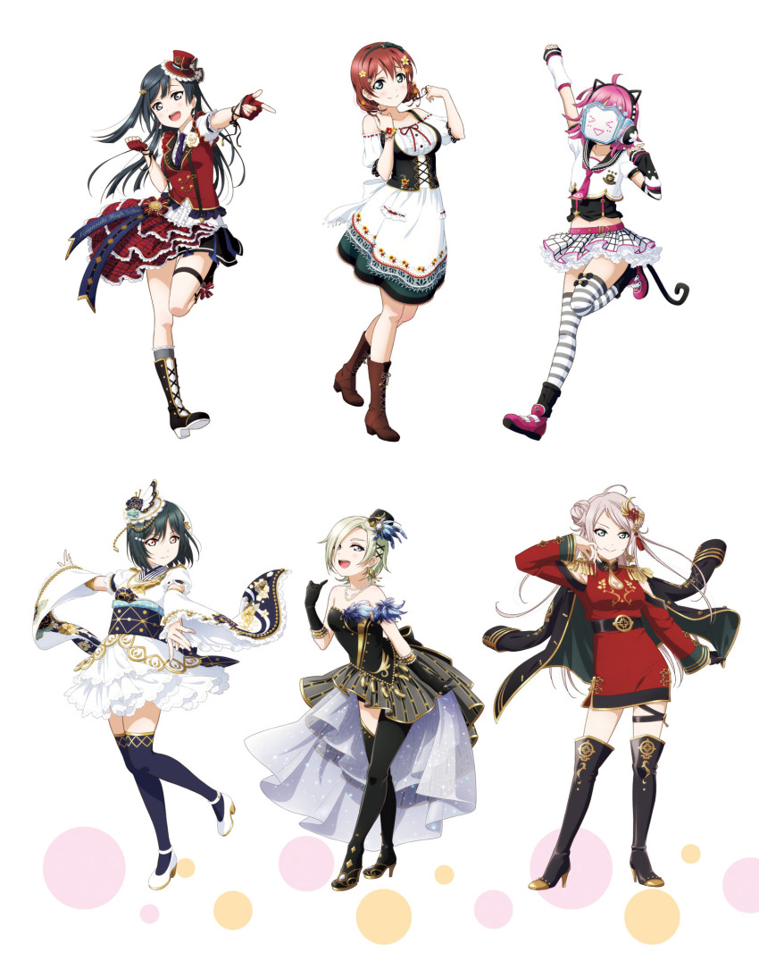 6+girls ahoge animal_ears artbook black_hair blonde_hair blue_eyes boots brown_hair cat_ears detached_sleeves dress emma_verde epaulettes fake_animal_ears fingerless_gloves gloves green_hair grey_eyes hair_bun hair_ornament hat headphones highres jacket jewelry long_hair looking_at_viewer love_live! love_live!_nijigasaki_high_school_idol_club mia_taylor mifune_shioriko mini_hat multiple_girls non-web_source official_art open_mouth pink_hair red_eyes rina-chan_board short_hair skirt smile tail tennoji_rina thigh_strap thighhighs white_background yuki_setsuna zhong_lanzhu