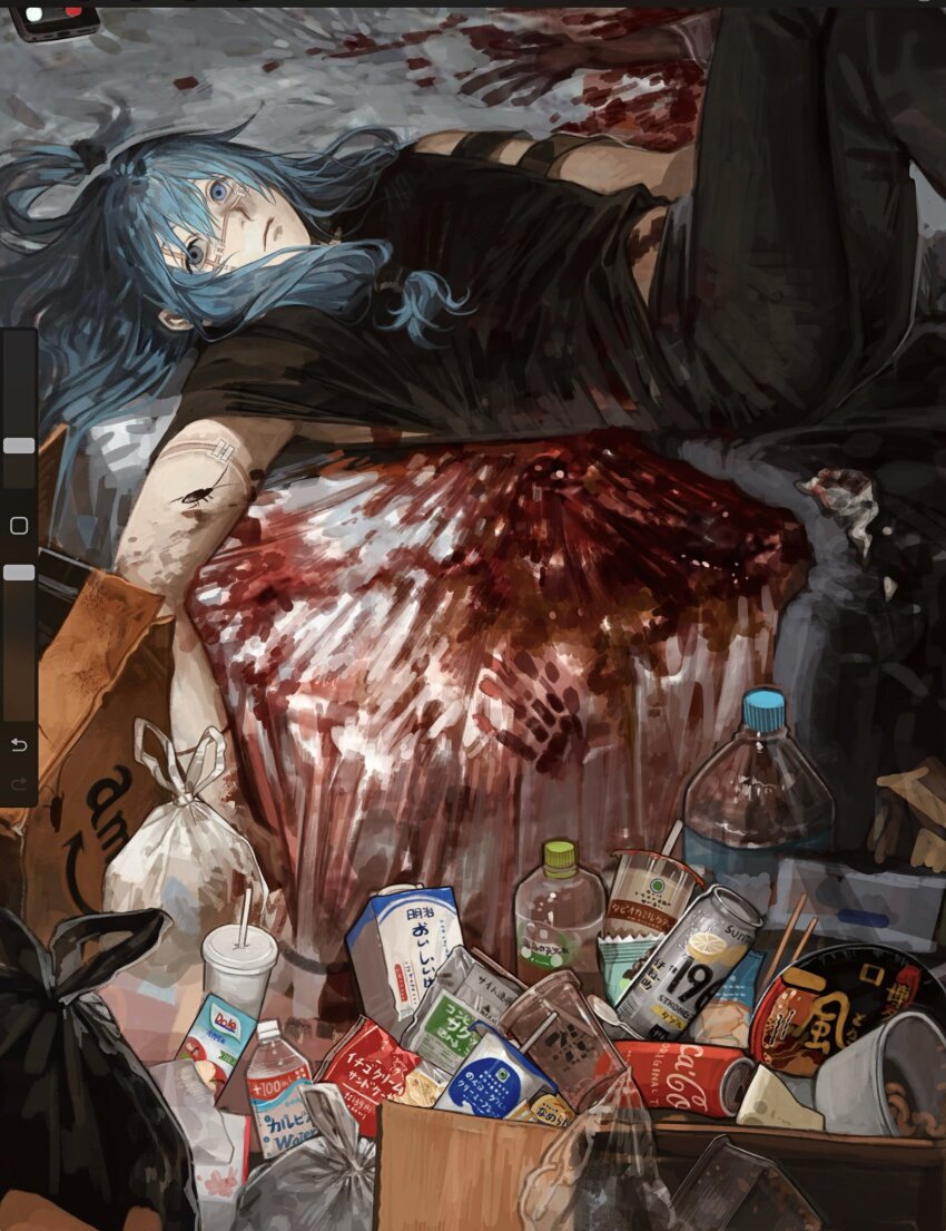 1boy blood blood_splatter blood_stain blue_eyes blue_hair bottle highres huli_xiaobai jujutsu_kaisen long_hair looking_at_viewer lying mahito_(jujutsu_kaisen) on_back on_bed solo stitched_face stitches trash