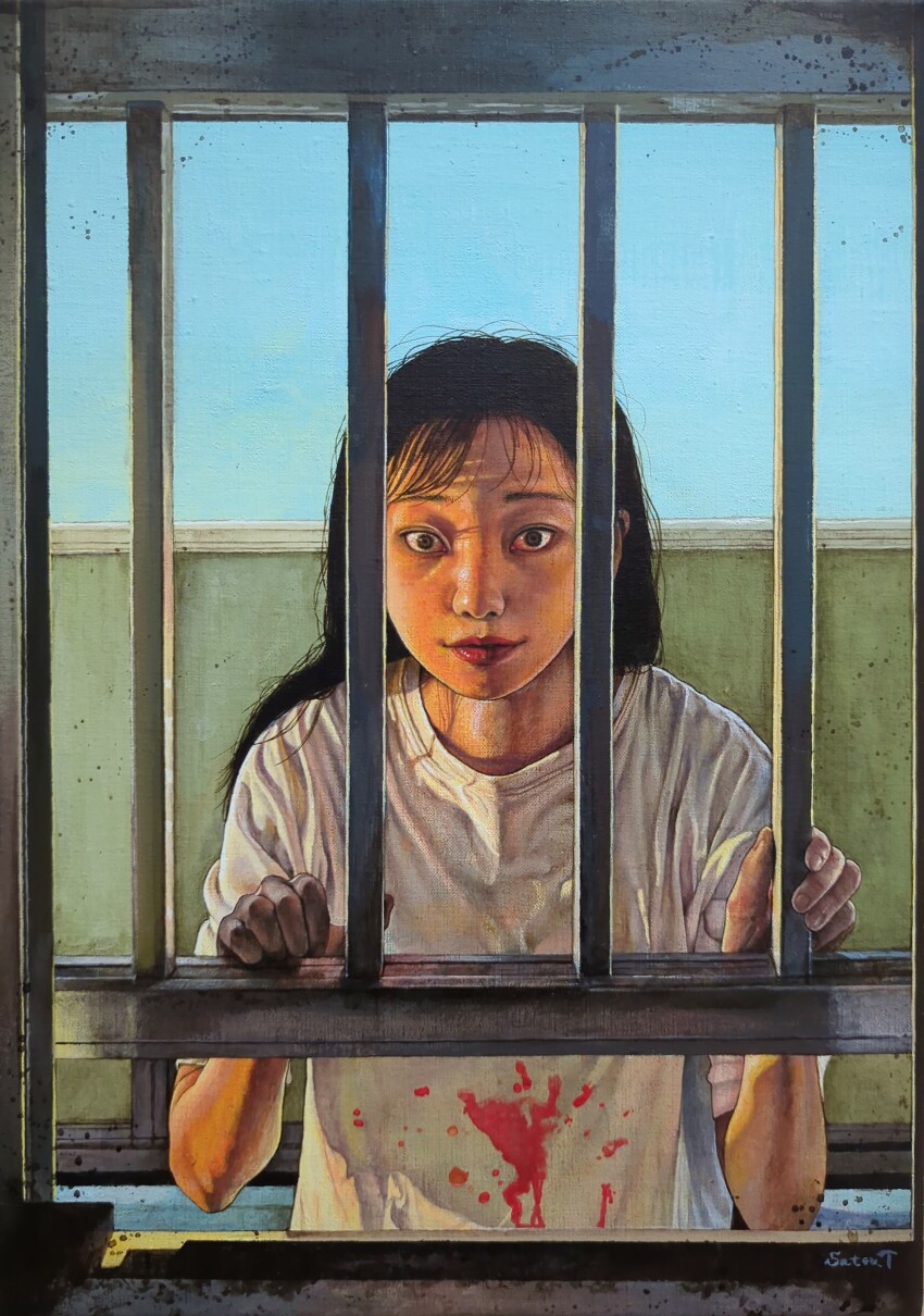 1girl absurdres asian barred_window black_hair blood blood_on_clothes highres iron_bars looking_at_viewer original painting_(medium) satou_t shadow short_sleeves solo straight-on sunlight traditional_media