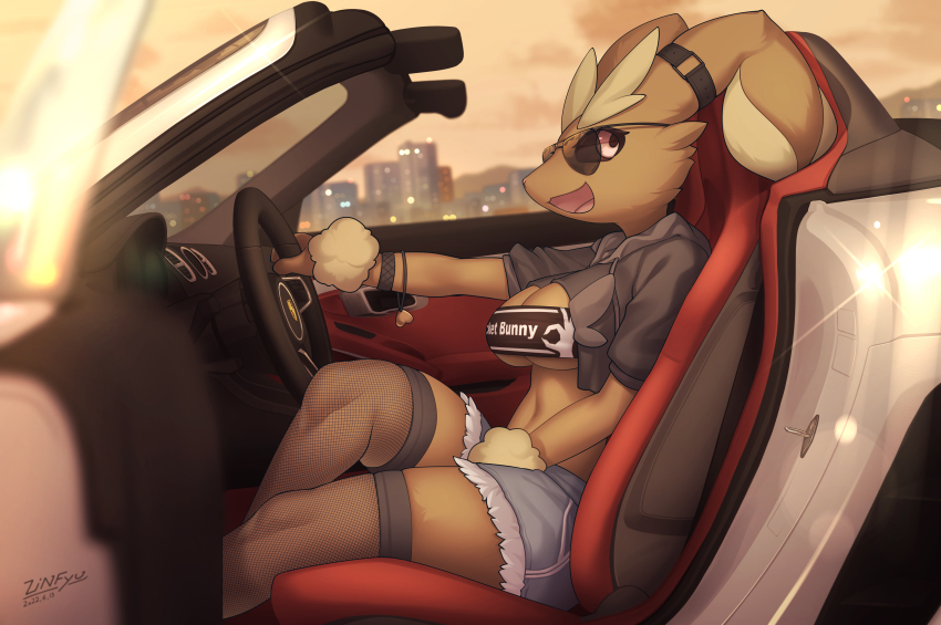 1girl :3 absurdres animal_nose arm_up artist_name aviator_sunglasses bandeau between_legs black_bandeau black_sclera black_sweater black_thighhighs blue_shorts blurry blurry_background blurry_foreground body_fur bracelet breastless_clothes breasts brown_fur car city clothes_writing cloud colored_sclera cropped_sweater dated door drawstring english_text female_focus fishnet_thighhighs fishnets from_side furry furry_female gen_4_pokemon glint hand_between_legs happy heart highres hood hood_down hooded_sweater jewelry large_breasts looking_back lopunny motor_vehicle navel nintendo ok_sign open_mouth outdoors outstretched_arm pokemon pokemon_(creature) porsche porsche_718 rabbit_ears rabbit_girl red_eyes seat short_shorts short_sleeves shorts sideways_mouth signature sitting skindentation smile snout solo sports_car steering_wheel stomach sunglasses sunset sweater thighhighs thighs two-tone_fur yellow_fur zinfyu