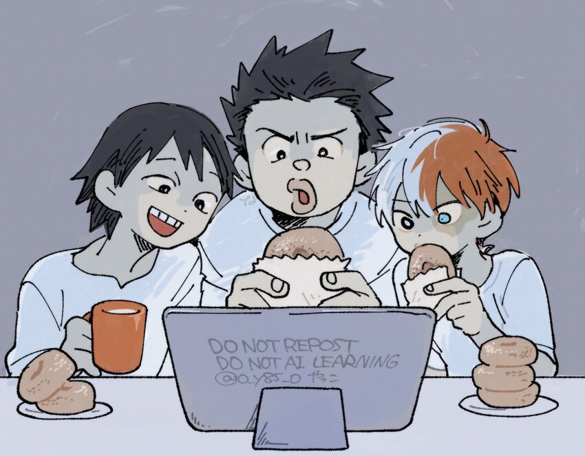 3boys black_eyes black_hair blue_eyes boku_no_hero_academia cup donut eating food furrowed_brow hair_between_eyes heterochromia highres holding holding_cup male_focus multicolored_hair multiple_boys o_y85_o open_mouth red_hair sato_rikido sero_hanta shirt short_hair smile spiked_hair tablet_pc thick_lips todoroki_shoto twitter_username two-tone_hair upper_body watching white_hair white_shirt