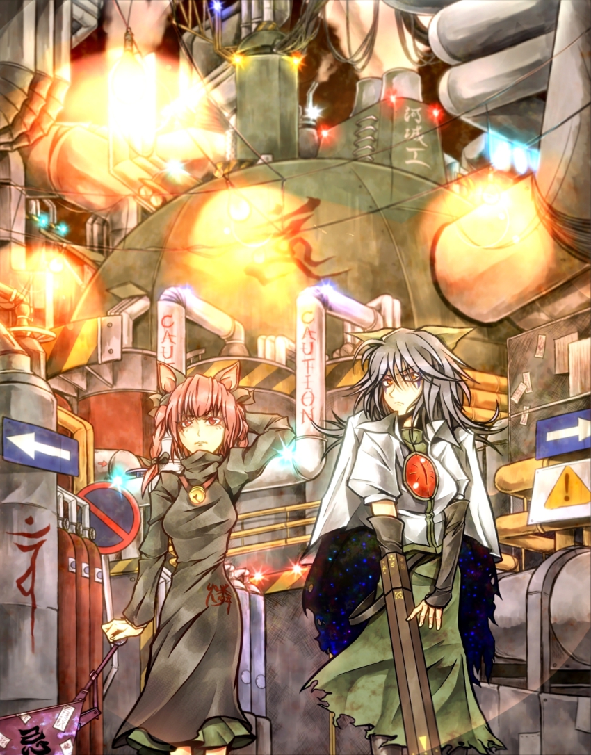 ! 2girls animal_ears arm_behind_head arm_cannon arrow_(symbol) bell belt black_hair bow braid breasts brown_eyes cable canister cape cat_ears cat_girl caution clothes_writing dirty dirty_clothes dome dress elbow_gloves expressionless female_focus fingerless_gloves frown gloves green_dress hair_bow hand_on_head highres industrial_pipe jewelry kaenbyou_rin ladder large_bow lights long_hair long_skirt long_sleeves machine medium_breasts metal multiple_girls no_wings ofuda paper pendant pointy_ears puffy_short_sleeves puffy_sleeves red_eyes red_hair reiuji_utsuho road_sign ryuuichi_(f_dragon) shirt short_sleeves sign skirt smoke smokestack stain standing steam taut_clothes taut_shirt third_eye torn_clothes touhou triangle tsurime turtleneck valve warning_sign wavy_hair weapon wheelbarrow white_shirt