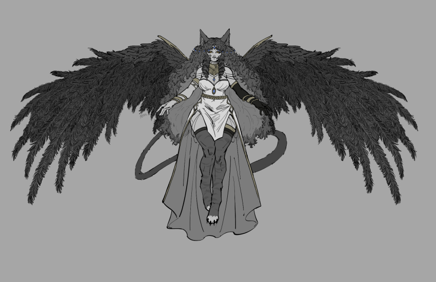 animal_ears animal_feet black_sleeves dee_the_sphinx_(vtuber) feathered_wings greyscale highres indie_virtual_youtuber monochrome nico_artt simple_background thighhighs virtual_youtuber wings yellow_eyes