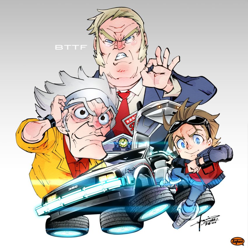 3boys adjusting_eyewear back_to_the_future back_to_the_future_part_ii biff_tannen blonde_hair book brown_hair car caricature christopher_lloyd clock commentary delorean denim donald_trump dress_shirt emmett_brown eyewear_on_head formal_clothes frown glasses gradient_background gullwing_doors highres jacket jeans lens_flare long_sleeves male_focus marty_mcfly michael_j._fox motor_vehicle multiple_boys necktie ok_sign pants parody red_necktie shirt short_hair sideburns signature sleeves_rolled_up smile spiked_hair suit sunglasses takei_hiroyuki teeth time_machine unused_tire vehicle_focus vest watch white_hair wristwatch