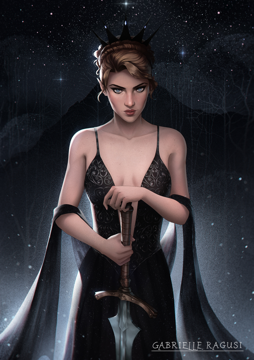1girl a_court_of_thorns_and_roses_(series) artist_name blue_eyes breasts brown_hair cleavage cowboy_shot crown dress foliage gabrielleragusi hair_ornament highres holding holding_sword holding_weapon looking_at_viewer makeup medium_breasts nesta_archeron night night_sky signature sky solo star_(sky) starry_sky sword updo weapon