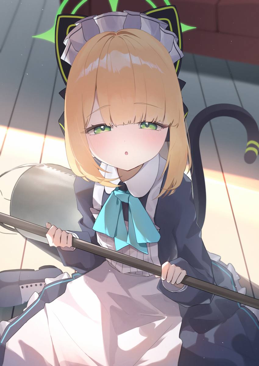 1girl :o absurdres animal_ear_headphones animal_ears apron aqua_bow aqua_bowtie backlighting black_dress black_shoes blonde_hair blue_archive blunt_bangs blush bow bowtie bucket cat_ear_headphones cat_ears commentary dress eyelashes fake_animal_ears frilled_dress frills green_eyes green_halo half-closed_eyes halo headphones highres indoors ixia559 knees_out_of_frame long_sleeves looking_at_viewer maid maid_headdress medium_hair midori_(blue_archive) midori_(maid)_(blue_archive) official_alternate_costume on_floor open_mouth puffy_long_sleeves puffy_sleeves shoes sidelocks sitting solo tsurime white_apron
