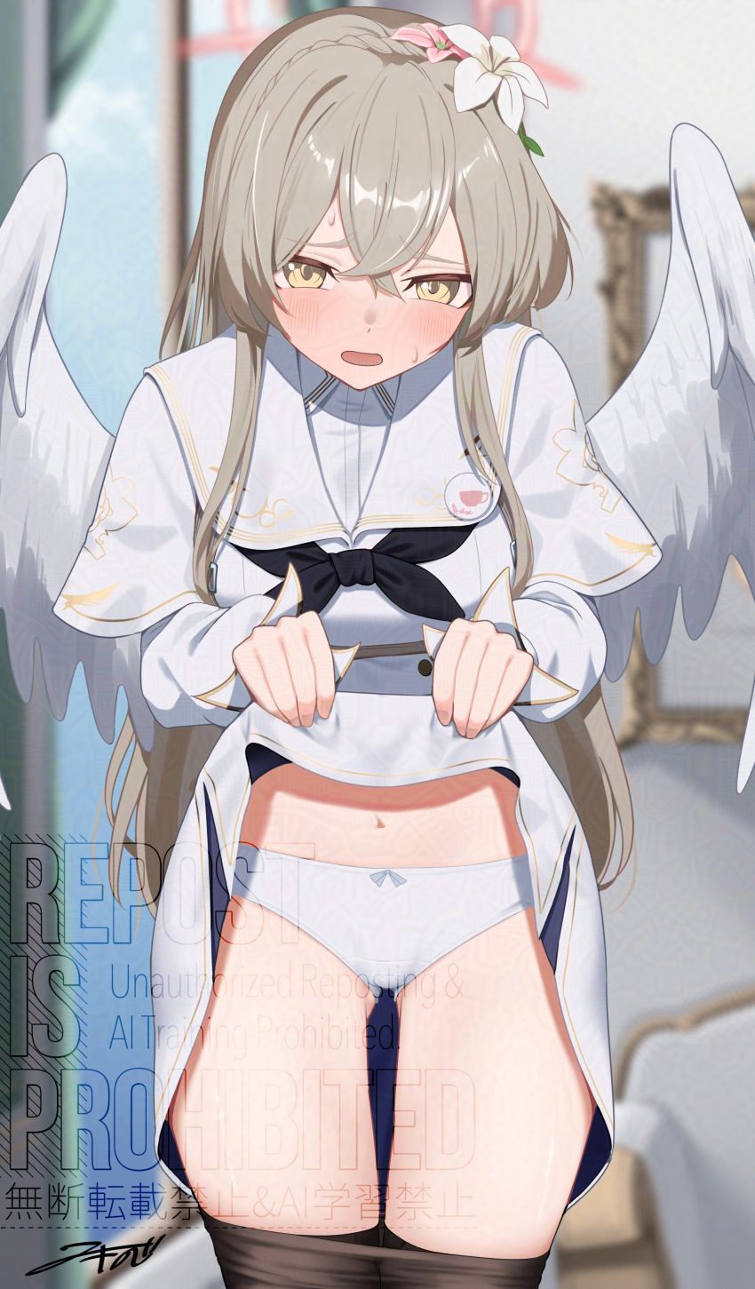 1girl absurdres akinoji_(akiponpon27) black_neckerchief blue_archive blurry blurry_background blush braid brown_hair clothes_lift commentary_request commission crossed_bangs curtains dress dress_lift feathered_wings flower hair_between_eyes hair_flower hair_ornament halo highres lifting_own_clothes nagisa_(blue_archive) navel neckerchief panties red_halo skeb_commission solo sweat underwear watermark white_dress white_flower white_panties white_wings window wings yellow_eyes