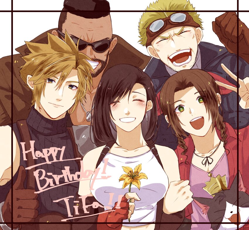 2girls 3boys aerith_gainsborough armor bare_shoulders barret_wallace birthday black_hair blonde_hair blue_jacket blue_sweater breasts brown_gloves brown_hair brown_vest cait_sith_(final_fantasy) cat character_name cid_highwind closed_eyes cloud_strife crop_top earrings facing_viewer final_fantasy final_fantasy_vii fingerless_gloves flower gloves goggles goggles_on_head hair_ribbon happy_birthday highres holding holding_another&#039;s_arm holding_flower jacket jewelry large_breasts long_hair looking_at_viewer multiple_boys multiple_girls open_mouth parted_bangs parted_lips pink_ribbon red_gloves red_jacket ribbon short_hair shoulder_armor single_earring sleeveless sleeveless_turtleneck smile spiked_hair straight-on sunglasses sweater tank_top thumbs_up tifa_lockhart turtleneck turtleneck_sweater upper_body v vest wan_tarowou32 white_tank_top