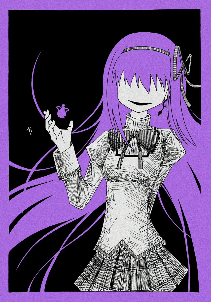 1girl akemi_homura bow bowtie commentary faceless greyscale grin hair_ribbon hatching_(texture) highres long_hair mahou_shoujo_madoka_magica mahou_shoujo_madoka_magica_(anime) mitakihara_school_uniform monochrome pleated_skirt puffy_sleeves ribbon rigel0310 school_uniform skirt smile solo spot_color