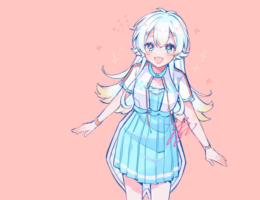 1girl blue_eyes blue_hair blue_skirt blush highres long_hair looking_at_viewer multicolored_hair odo_ruika open_mouth orange_hair original pink_background short_sleeves signature simple_background skirt solo sparkle white_hair