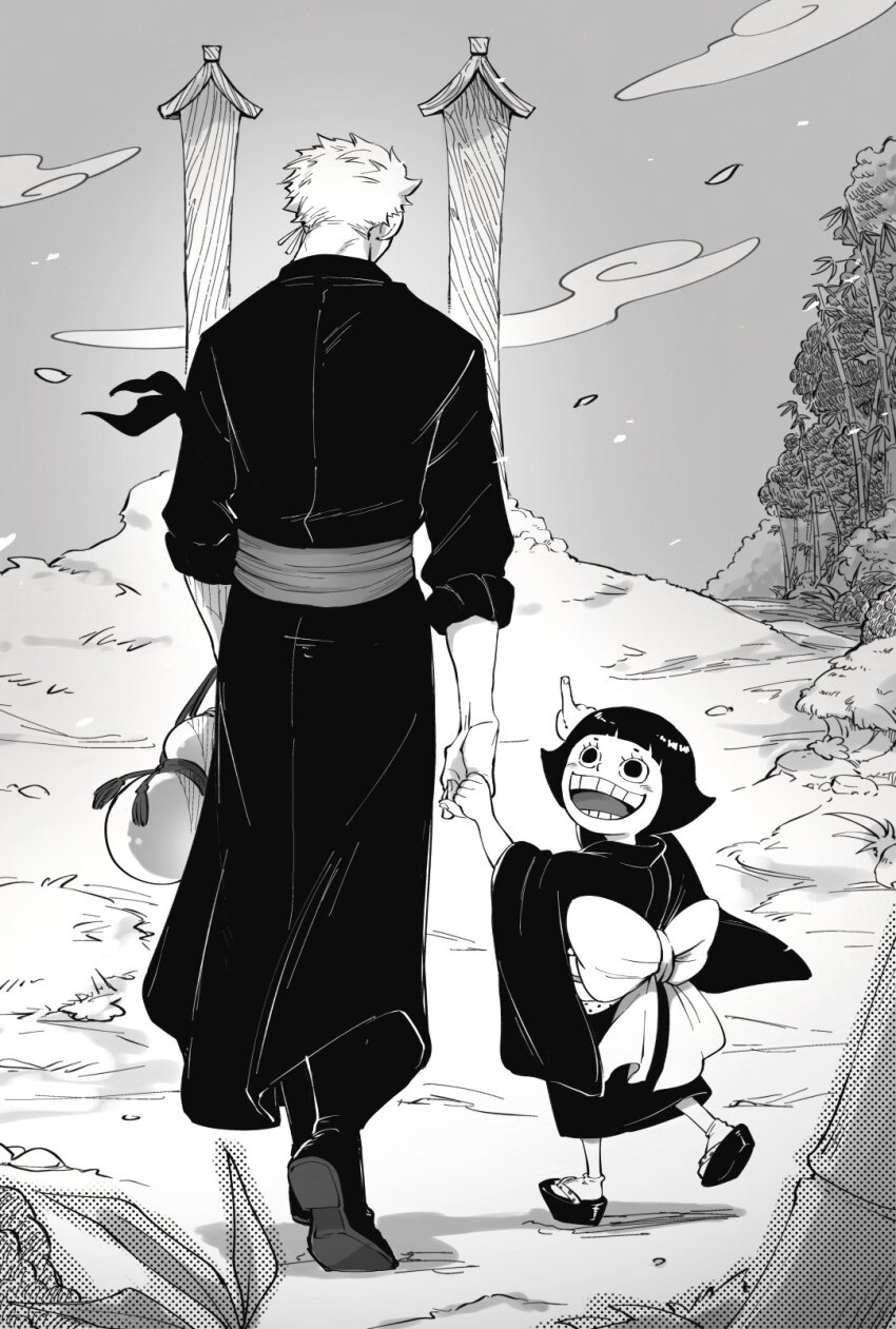 1boy 1girl back bandana_around_arm boots chabo_(niwatori_bosori) cloud commentary_request earrings full_body grave greyscale highres holding_hands japanese_clothes jewelry kimono looking_up monochrome one_piece ribbon roronoa_zoro sash short_hair smile toko_(one_piece) walking