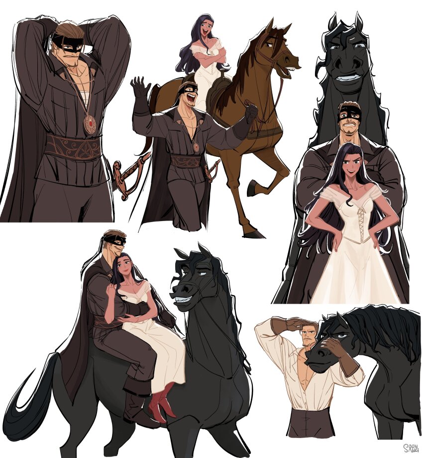 1boy 1girl absurdres animal black_hair black_horse boots brown_gloves brown_horse commentary dress elena_de_la_vega english_commentary eye_mask gloves hands_on_own_hips highres hong_soon-sang horse long_hair multiple_views shirt simple_background smile the_legend_of_zorro tornado_(zorro) white_background white_dress white_shirt zorro zorro_(character)