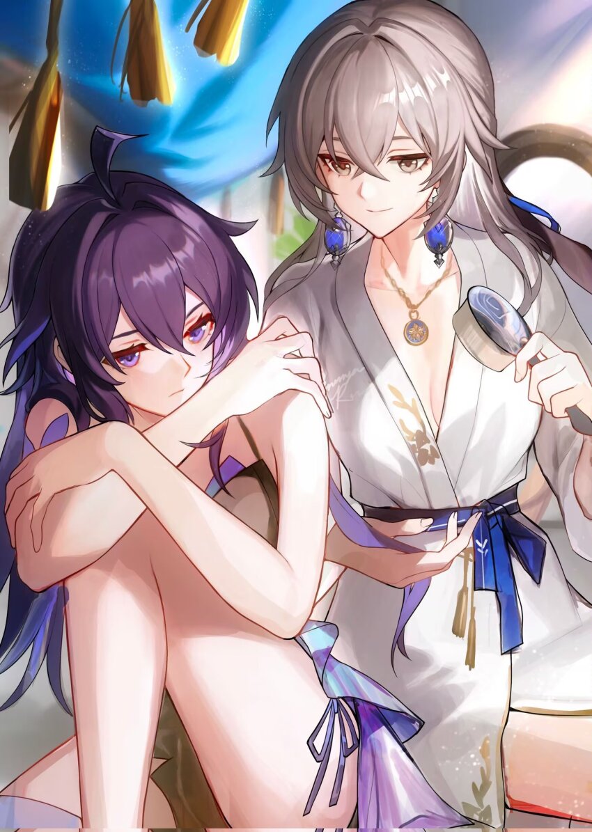 2girls ahoge alternate_costume blue_eyes bronya_rand corrupted_twitter_file crossed_bangs earrings floating_earrings grey_eyes hair_between_eyes hair_brush highres holding holding_another&#039;s_hair holding_hair_brush honkai:_star_rail honkai_(series) jewelry knee_up long_hair mie_xing multiple_girls necklace seele_(honkai:_star_rail) smile