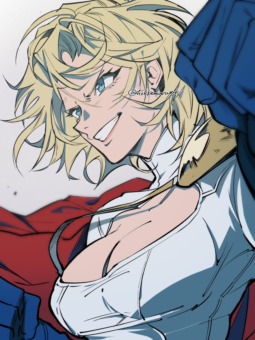 1girl artist_name blonde_hair blue_eyes blue_gloves breasts cape cleavage_cutout clothing_cutout dc_comics gloves highres hokkemaruyaki large_breasts power_girl red_cape signature smile solo superhero_costume superman_(series) twitter_username