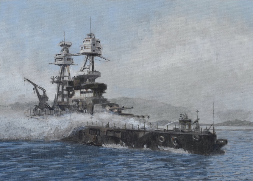 absurdres acrylic_paint_(medium) atelier_bono battleship highres historical_event hose island mast military_vehicle ocean original painting_(medium) pearl_harbor ship shipwreck sky traditional_media united_states_navy uss_nevada_(bb-36) warship water watercraft world_war_ii
