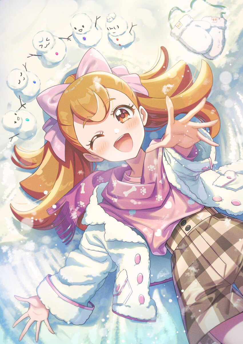 1girl :d absurdres blush bow brown_eyes brown_hair coat commentary_request eyelashes hair_bow happy high_ponytail highres inukai_komugi jacket long_hair looking_at_viewer one_eye_closed open_mouth ponytail precure rice_rabbit22 scarf smile snow snowman solo white_jacket winter_clothes winter_coat wonderful_precure!