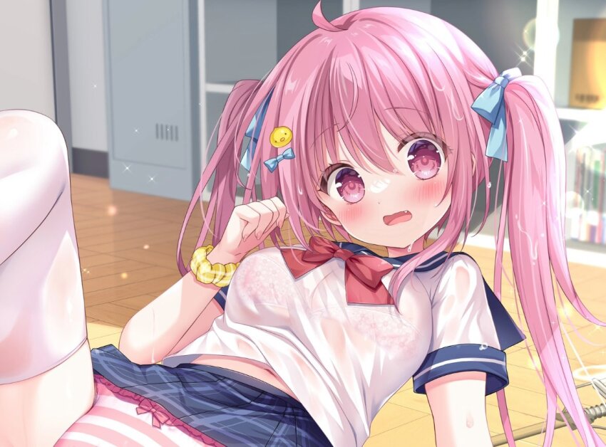 1girl ahoge blue_bow blue_sailor_collar blue_skirt blush bow bra breasts classroom fang floor hair_bow hair_ornament large_breasts long_hair looking_at_viewer midriff_peek on_floor open_mouth original panties picpicgram pink_eyes pink_hair pink_panties red_bow sailor_collar scrunchie shirt skirt solo sweat thighhighs twintails underwear white_panties white_shirt white_thighhighs wrist_scrunchie