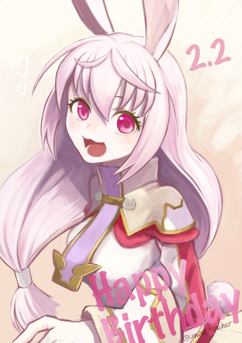 1girl absurdres animal_ears female_focus happy_birthday highres kirara_ookami long_hair looking_at_viewer low-tied_long_hair open_mouth pink_hair pop-up_story rabbit_ears rabbit_girl rabbit_tail red_eyes smile solo tail twitter_username umino_kiri white_hair