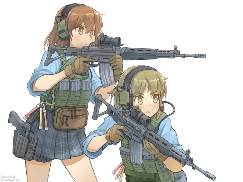 2girls assault_rifle black_skirt blouse blue_shirt blush brown_eyes brown_gloves brown_hair dated fanny_pack glock gloves gun handgun headset highres holding holding_gun holding_weapon holstered howa_type_89 mifune_(_mifune_707) multiple_girls original parted_lips pistol plaid_clothes plaid_skirt reflex_sight rifle scope shirt skirt trigger_discipline twitter_username weapon white_background