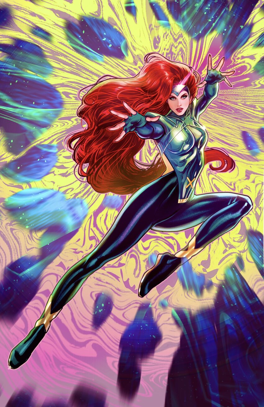 1girl black_bodysuit blue_eyes bodysuit breasts fingerless_gloves gloves highres jean_grey long_hair looking_at_viewer lukas_werneck marvel medium_breasts red_hair red_lips solo very_long_hair x-men