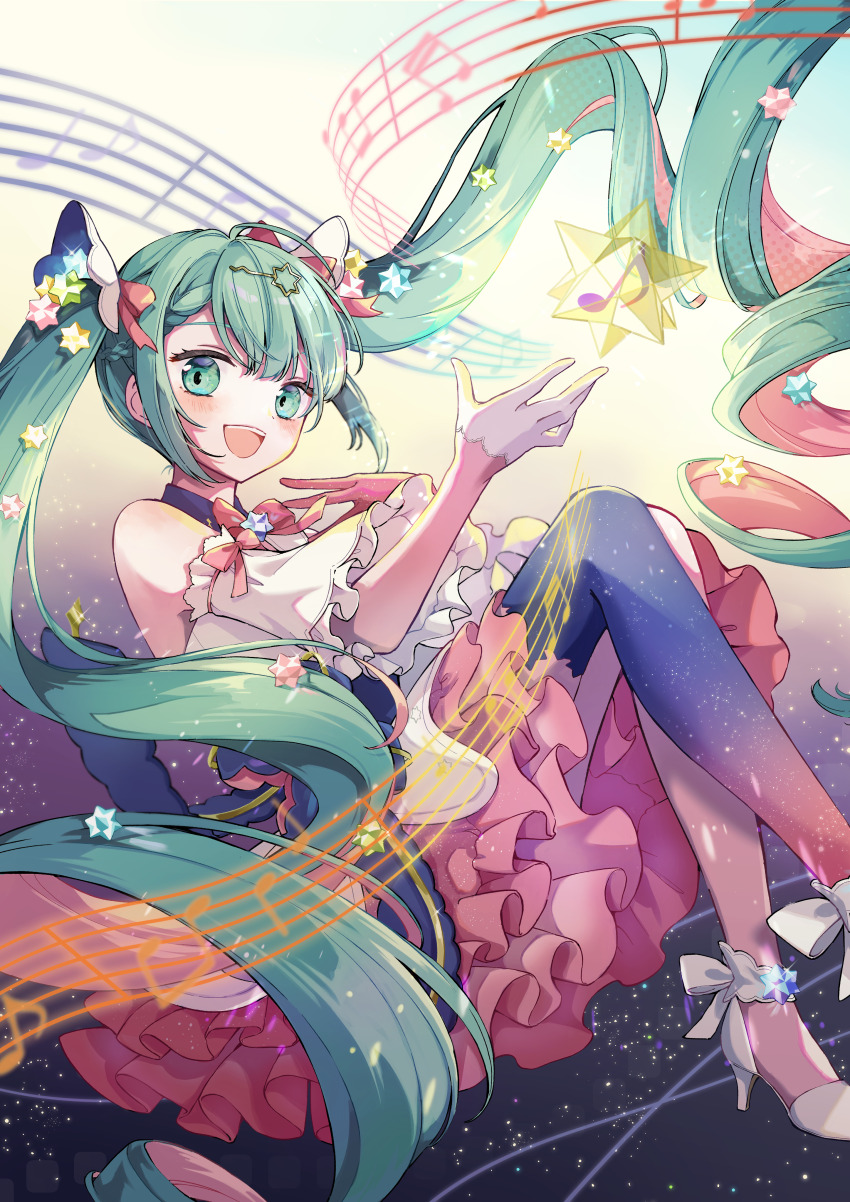 1girl absurdres ankle_strap blue_eyes blush dress floating floating_hair frilled_dress frills gloves hair_ornament hairclip halter_dress halterneck hatsune_miku high_heels highres knees_up long_hair looking_at_viewer multicolored_hair musical_note nagitofuu neck_ribbon open_mouth pink_hair ribbon single_thighhigh small_stellated_dodecahedron smile solo space_print sparkle musical_staff star_(symbol) star_hair_ornament starry_sky_print sweater thighhighs very_long_hair vocaloid