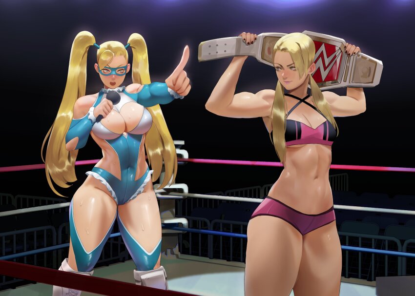 absurdres alexa_bliss bare_shoulders belt blonde_hair blue_eyes blue_leotard breasts championship_belt cleavage clothing_cutout domino_mask elbow_cutout hair_pulled_back heart_cutout highres indoors large_breasts leoquezadilla leotard long_hair low_twintails mask medium_breasts microphone midriff open_mouth rainbow_mika shoulder_cutout street_fighter street_fighter_v thick_thighs thighs twintails wrestler wrestling wrestling_mask wrestling_outfit wrestling_ring wwe