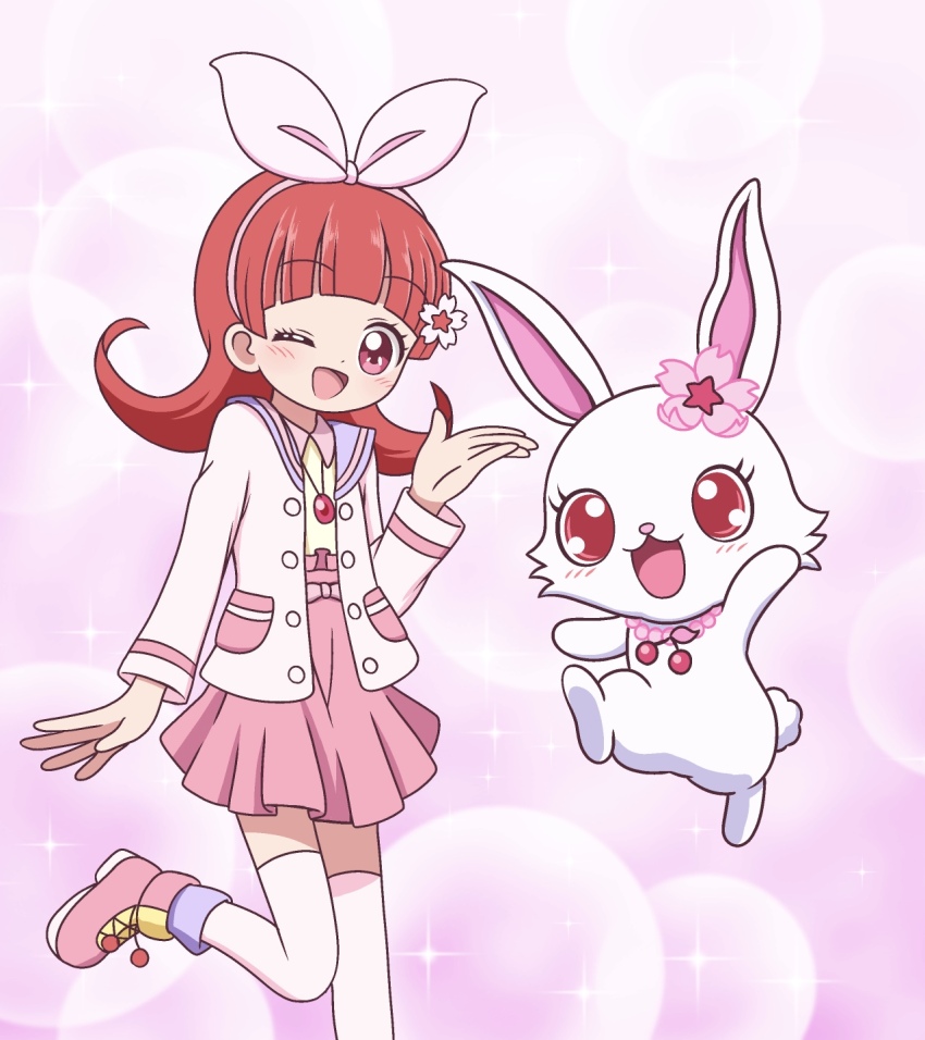 1girl :3 ;d blunt_bangs blush bow bubble_background cherry cherry_necklace chibikemo collared_shirt commentary creature_and_personification dot_nose flower food foot_out_of_frame fruit hair_flower hair_ornament hair_ribbon hand_up high-waist_skirt highres jacket jewelpet_(creature) jewelpet_(series) jewelpet_magical_change jewelry kato-shun leg_up long_sleeves looking_at_viewer medium_hair midair multicolored_shoes one_eye_closed open_clothes open_jacket open_mouth pendant personification pink_background pink_bow pink_flower pink_jacket pink_shoes pink_skirt pleated_skirt pom_pom_(clothes) pom_pom_footwear rabbit red_eyes red_hair ribbon ruby_(jewelpet) shirt shoes skirt smile solo sparkle_background thighhighs waist_bow white_flower white_fur white_ribbon white_thighhighs yellow_shirt