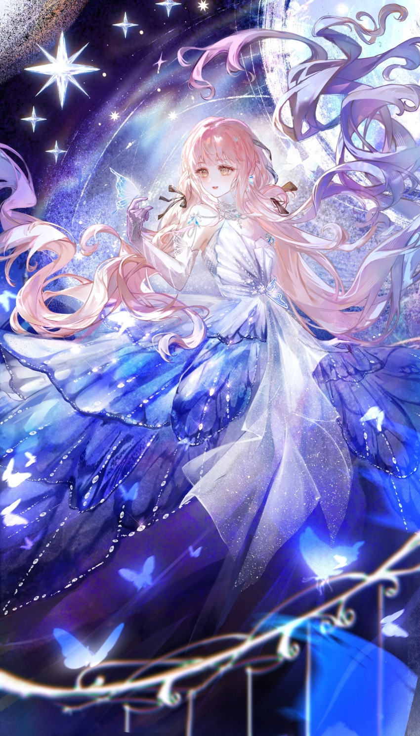 1girl absurdly_long_hair absurdres animal_print artist_request bare_shoulders black_bow black_ribbon blue_butterfly blue_dress bow bug butterfly butterfly_on_hand butterfly_print chinese_commentary commentary_request dress earrings elbow_gloves floating_clothes floating_hair flower flutter_storm_(infinity_nikki) full_body gloves gown gradient_clothes gradient_dress gradient_gloves hair_bow hair_ribbon highres infinity_nikki insect jewelry light_blush light_particles lipstick long_dress long_hair low_twintails makeup nebula necklace nikki_(nikki) nikki_(series) open_mouth pink_hair pink_lips purple_flower ribbon second-party_source smile solo space standing star_(symbol) strapless strapless_dress teeth tress_ribbon twintails very_long_hair wavy_hair white_dress white_gloves
