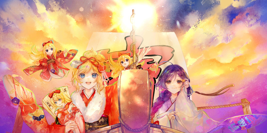 2girls alice_margatroid alternate_costume alternate_hairstyle blonde_hair blue_eyes braid closed_mouth commentary doll english_commentary floral_print furisode game_cg hagoita hair_ribbon highres hijiri_byakuren holding holding_paddle japanese_clothes kimono long_hair long_sleeves multiple_girls niwa_haruki obi obiage obijime official_art open_mouth paddle palanquin_ship print_kimono red_kimono red_ribbon ribbon sash shanghai_doll ship single_braid smile third-party_source touhou touhou_lostword very_long_hair watercraft white_kimono wide_sleeves
