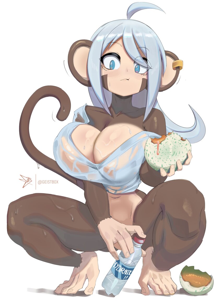 1girl absurdres ahoge animal_ears artist_name blue_eyes blue_hair bottle breasts cantaloupe closed_mouth ear_piercing eating food fruit geistbox highres holding holding_food large_breasts long_hair luna_(geistbox) melon monkey monkey_ears monkey_girl monkey_tail navel original piercing simple_background solo squatting tail water_bottle white_background