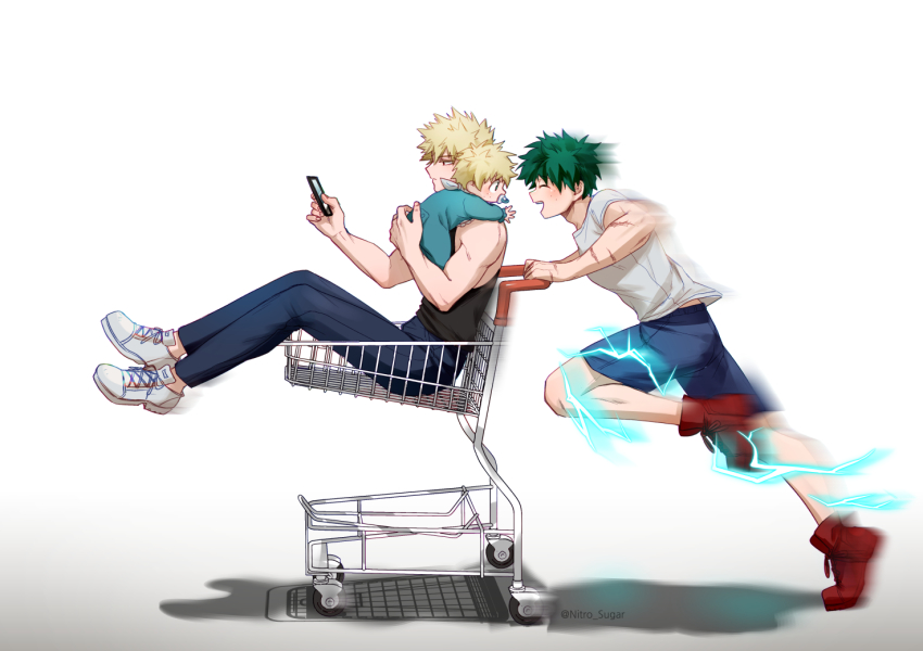 3boys baby bakugou_katsuki blonde_hair blush boku_no_hero_academia boots brown_hair cart cellphone closed_eyes freckles green_hair male_focus midoriya_izuku multiple_boys open_mouth phone red_eyes seoltang_(nitro_sugar) shirt shopping_cart short_hair shorts smartphone smile spiked_hair tank_top thunder twitter_username white_background