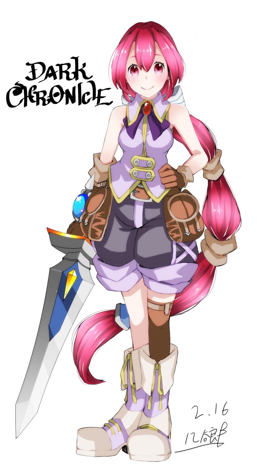 1girl closed_mouth copyright_name dark_chronicle dated full_body gloves highres holding holding_sword holding_weapon long_hair looking_at_viewer monica_(dark_chronicle) multi-tied_hair ponytail red_eyes red_hair shoelaces simple_background smile solo soramine_genba sword very_long_hair weapon white_background