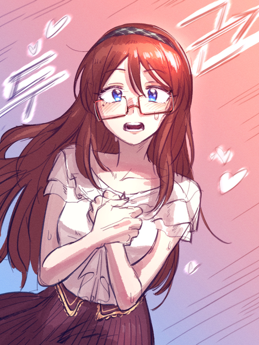 1girl :o blue_eyes crooked_eyewear furusawa_yoriko hairband heart heartbeat highres hobgoblin-kim idolmaster idolmaster_cinderella_girls long_hair looking_at_viewer own_hands_together rectangular_eyewear red_hair solo straight_hair surprised sweatdrop very_long_hair