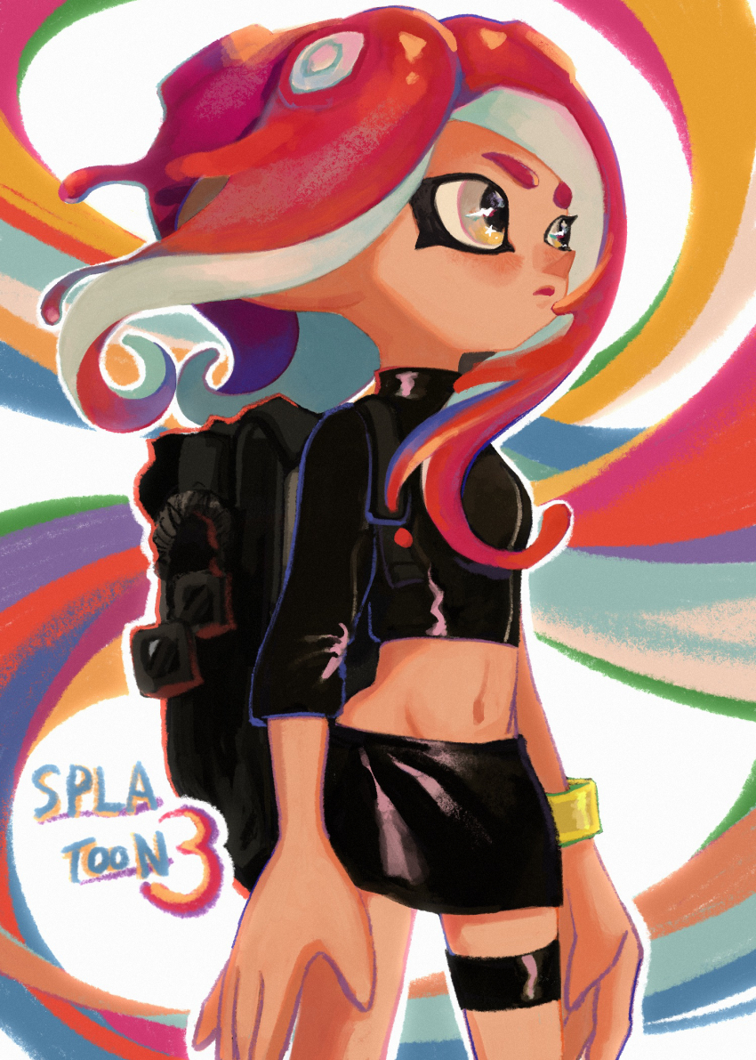 1girl agent_8_(splatoon) arms_at_sides backpack bag black_bag black_shirt black_skirt breasts closed_mouth commentary_request copyright_name cowboy_shot floating_hair grey_eyes groin highres ka1_(k4k37) long_hair looking_ahead midriff miniskirt multicolored_background multicolored_eyes navel nintendo octoling octoling_girl octoling_player_character parted_bangs pencil_skirt red_hair shirt single_sleeve skirt solo splatoon_(series) splatoon_2 splatoon_2:_octo_expansion suction_cups tentacle_hair thigh_strap two-tone_eyes wristband yellow_eyes zipper