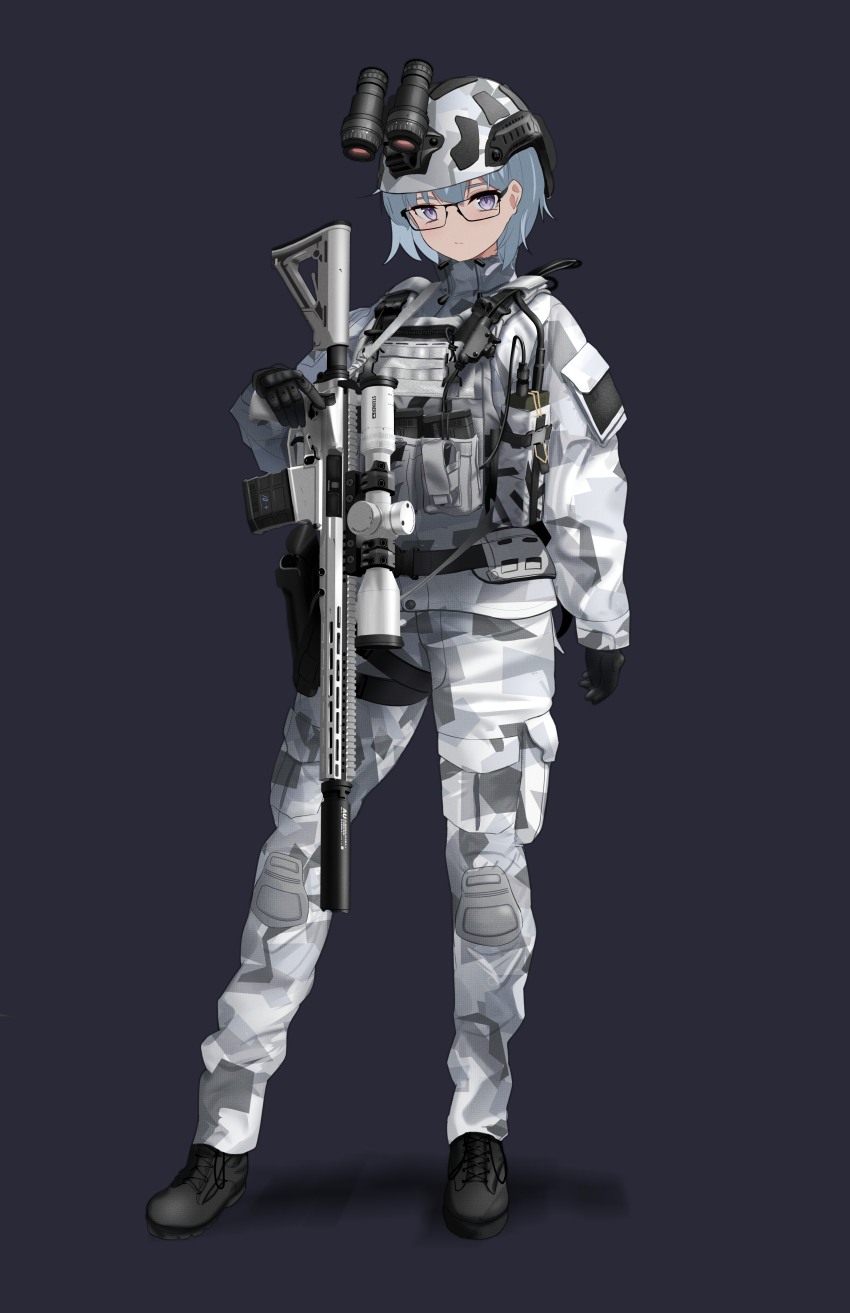 1girl absurdres black-framed_eyewear black_background black_boots black_gloves boots camouflage camouflage_helmet camouflage_pants camouflage_shirt combat_helmet commentary commission english_commentary full_body glasses gloves grey_hair gun helmet highres holding holding_gun holding_weapon long_sleeves military_combat_uniform military_fatigues military_uniform original pants pixiv_commission purple_eyes rynn_(rynn_cube) scope shirt short_hair simple_background snow_camouflage solo standing sweden swedish_army walkie-talkie weapon
