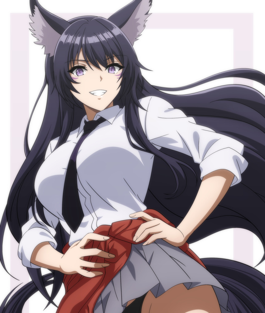 1girl animal_ear_fluff animal_ears black_hair black_necktie black_panties breasts clothes_around_waist collared_shirt delta_(kage_no_jitsuryokusha_ni_naritakute!) facial_mark grey_skirt highres kage_no_jitsuryokusha_ni_naritakute! long_hair makiri_akira necktie paid_reward_available panties pantyshot pleated_skirt purple_eyes shirt skirt sleeves_rolled_up smile solo sweater sweater_around_waist tail tied_sweater underwear whisker_markings white_shirt
