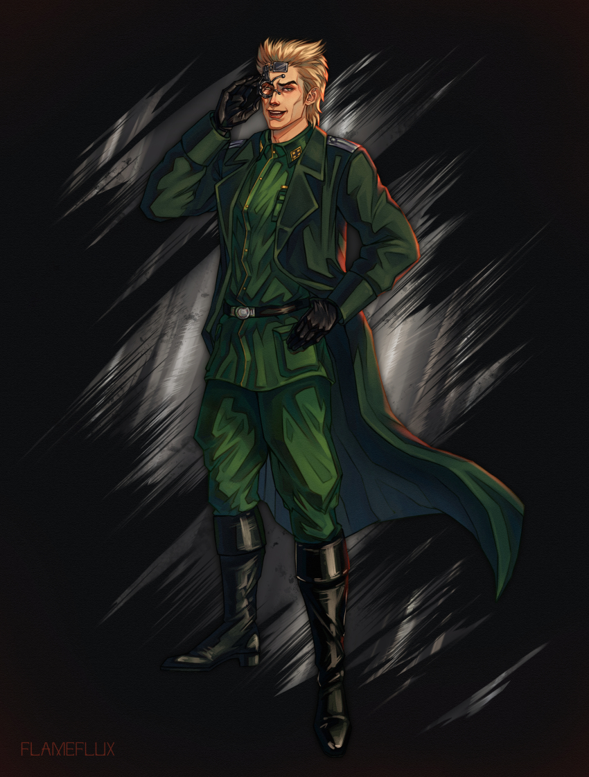 absurdres belt black_boots black_gloves blonde_hair boots character_name coat cyborg full_body german_clothes glass gloves green_eyes hand_on_own_hip highres jojo_no_kimyou_na_bouken looking_at_viewer male_focus military military_uniform open_clothes open_coat pale_skin rudolph_von_stroheim short_hair smile soldier solo standing