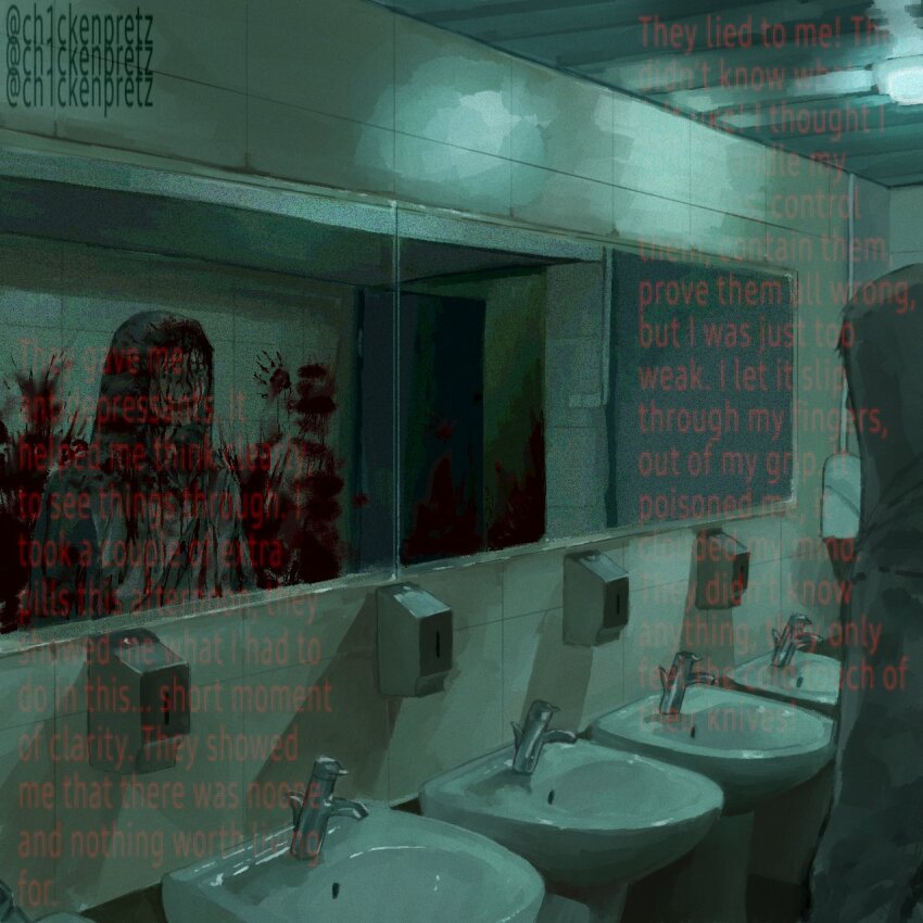 bathroom black_eyes black_hair blood blood_on_clothes blood_on_face bloody_handprints ceiling_light ch1ckenpretz cry_of_fear different_reflection dim_lighting english_text faucet handprint head_tilt highres looking_at_mirror male_focus mirror open_door out_of_frame reflection reflection_focus simon_henriksson sink standing upper_body