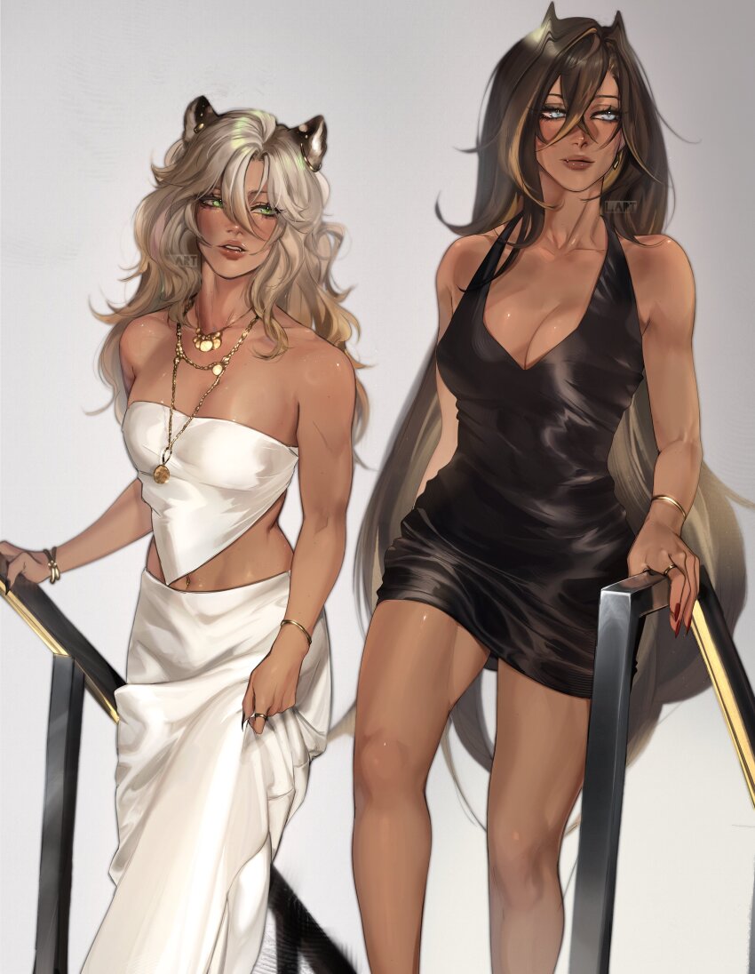 2girls absurdres animal_ears bare_shoulders black_nails blonde_hair blue_eyes breasts cleavage dark-skinned_female dark_skin dehya_(genshin_impact) dress genshin_impact green_eyes hair_ears highres jaguar_ears jaguar_girl jewelry lart_art1 long_hair medium_breasts multiple_girls multiple_necklaces necklace red_nails white_dress xilonen_(genshin_impact)