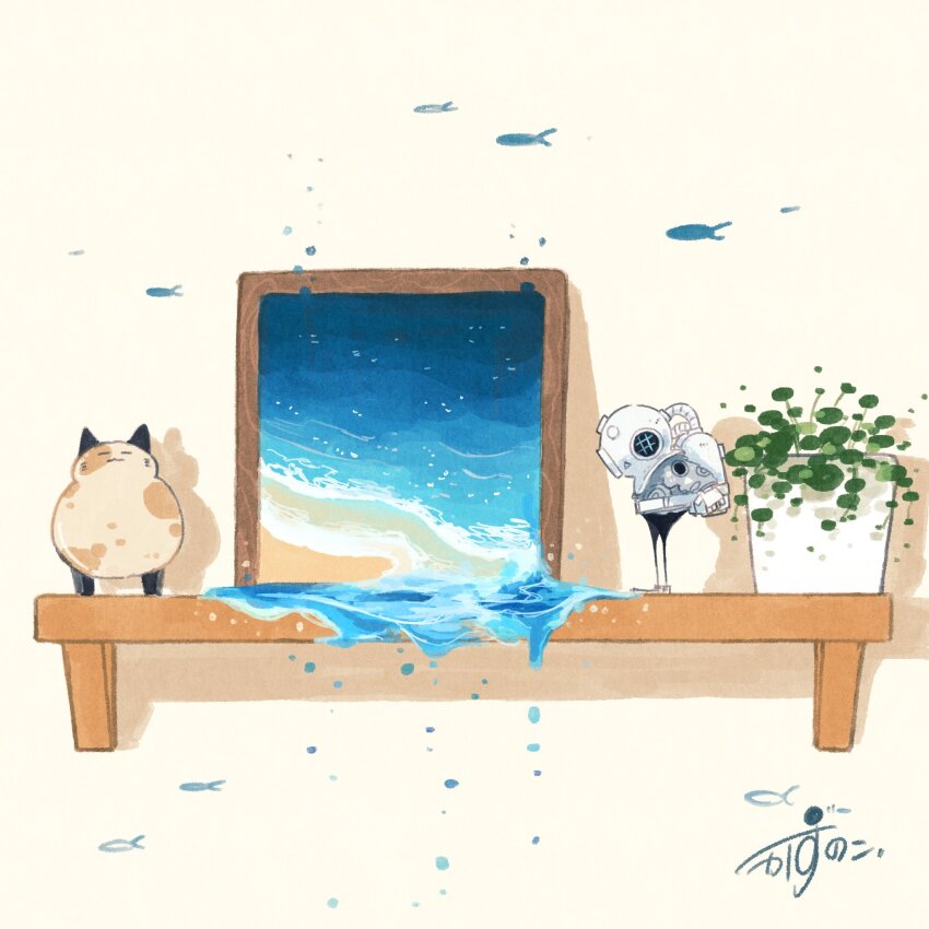 1other artist_name cat commentary diving_helmet figure fish flying_fish gloves helmet highres kazunoko_(kazunoko_zunoco) mini_person ocean original oxygen_tank photo_(object) picture_frame plant potted_plant shelf shoes shore signature solo spilling standing water white_gloves white_shoes