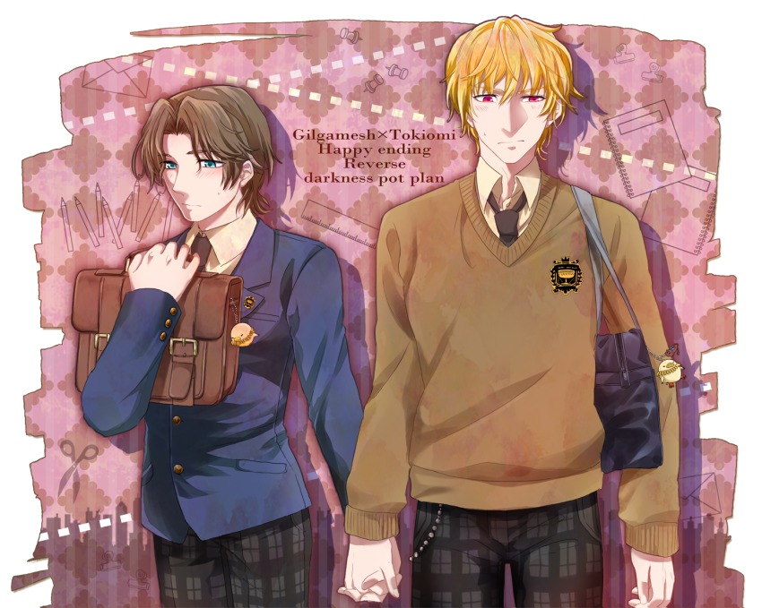 2boys aged_down bad_id bad_pixiv_id bag blazer blonde_hair blue_eyes blush bookbag brown_hair fate/zero fate_(series) gilgamesh_(fate) hachi_(gaoo) jacket kotomine_kirei md5_mismatch multiple_boys necktie red_eyes short_hair sweater tohsaka_tokiomi
